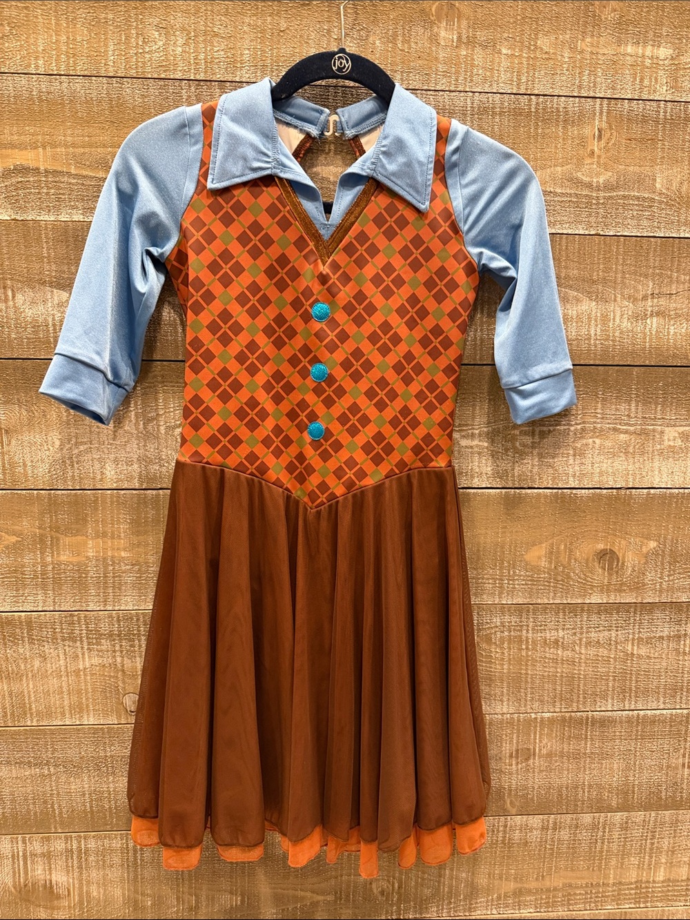 Girls size 14 Rhe Lineup- Blue and Brown Argyle Dress with Orange Accents